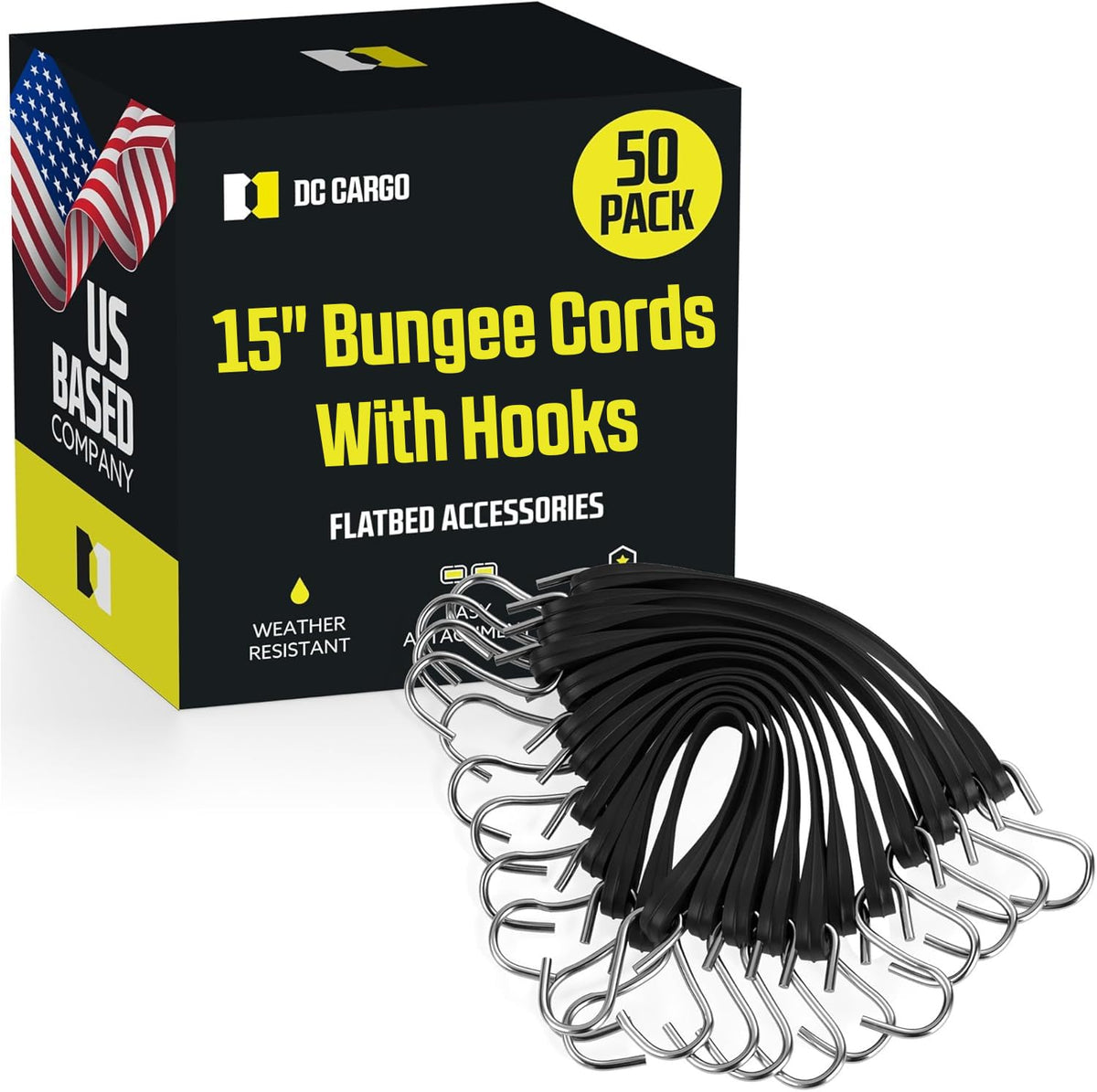 DC Cargo Mall 50-pack tarp straps 15-inch for secure flatbed use.