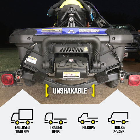 Jet ski secured with DC Cargo Mall strap system during transport