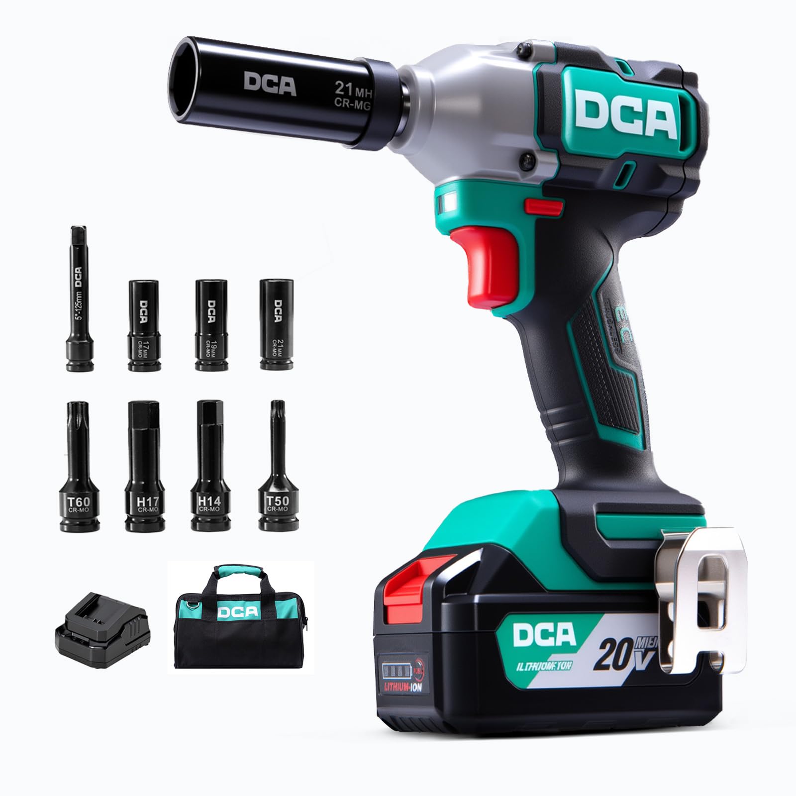 DCA 20V brushless impact wrench front view for easier handling.