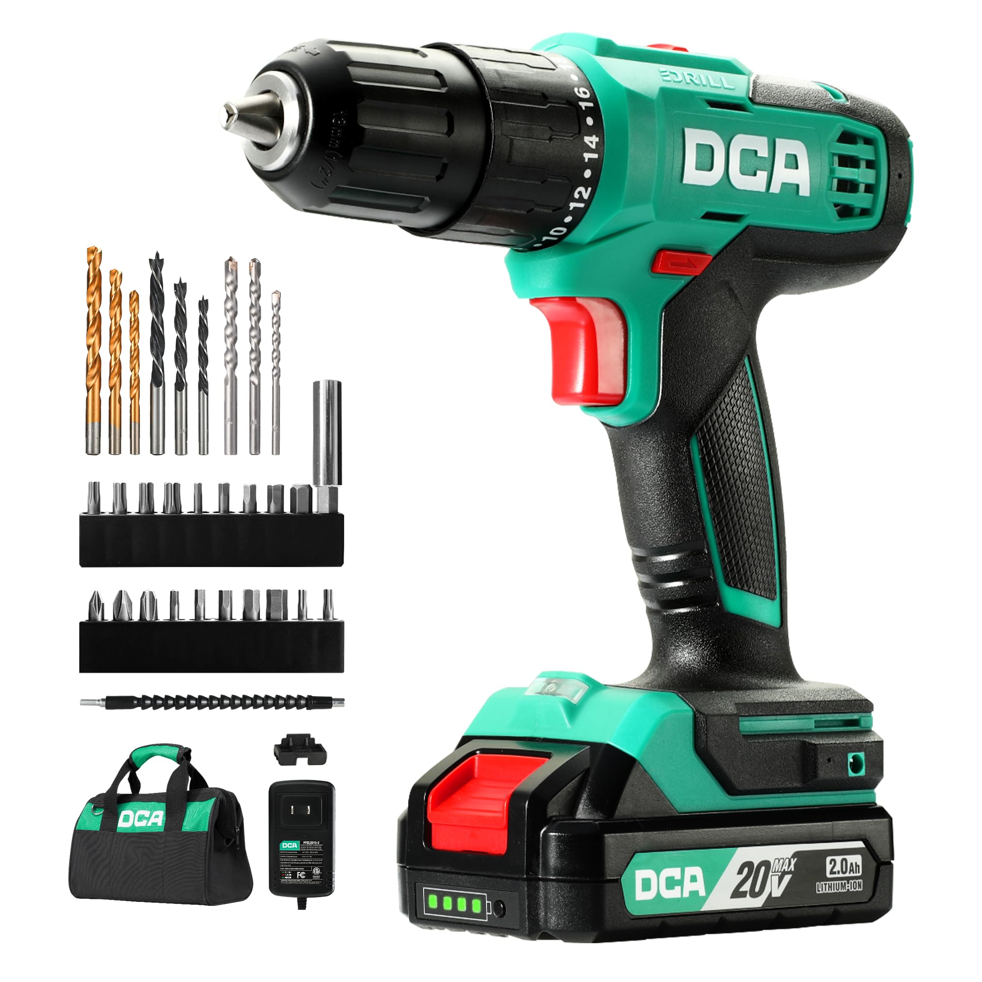 DCA ADJZ2035i13 hammer drill on brick wall for efficient masonry drilling.