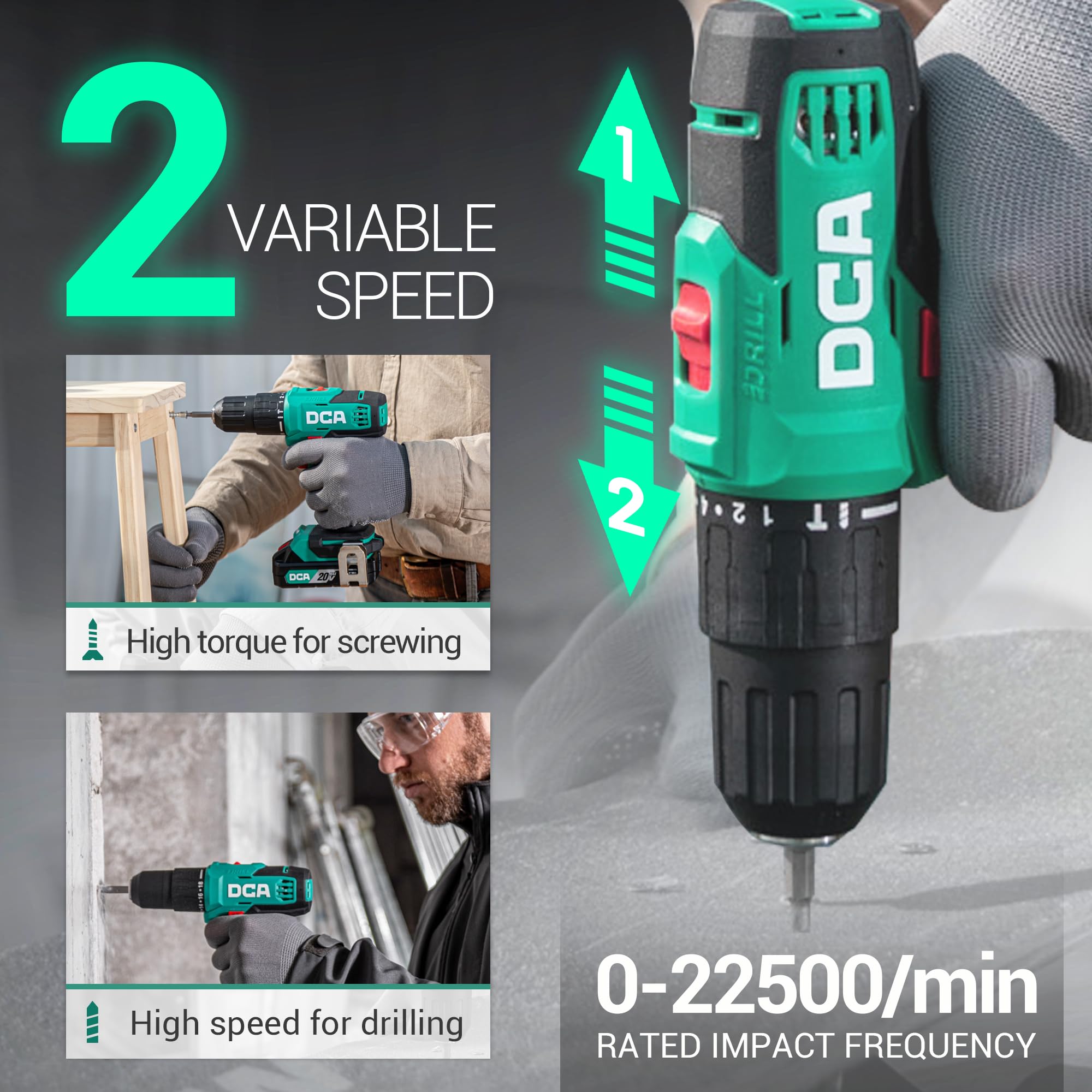 DCA ADJZ2035i13 18+1+1 torque clutch detail provides precise screw driving control.