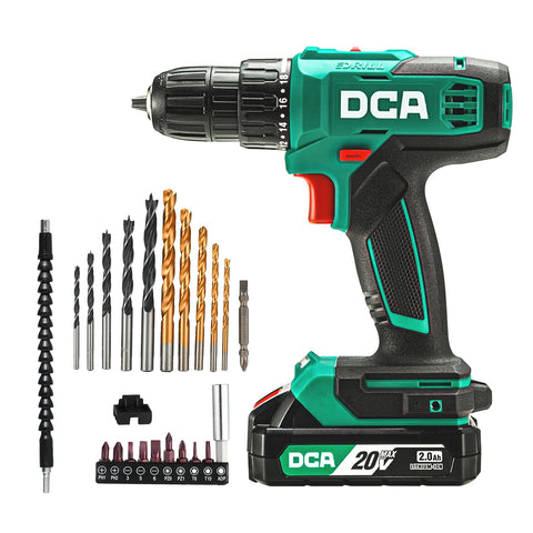 DCA cordless drill with three-eighths keyless chuck enables quick bit changes
