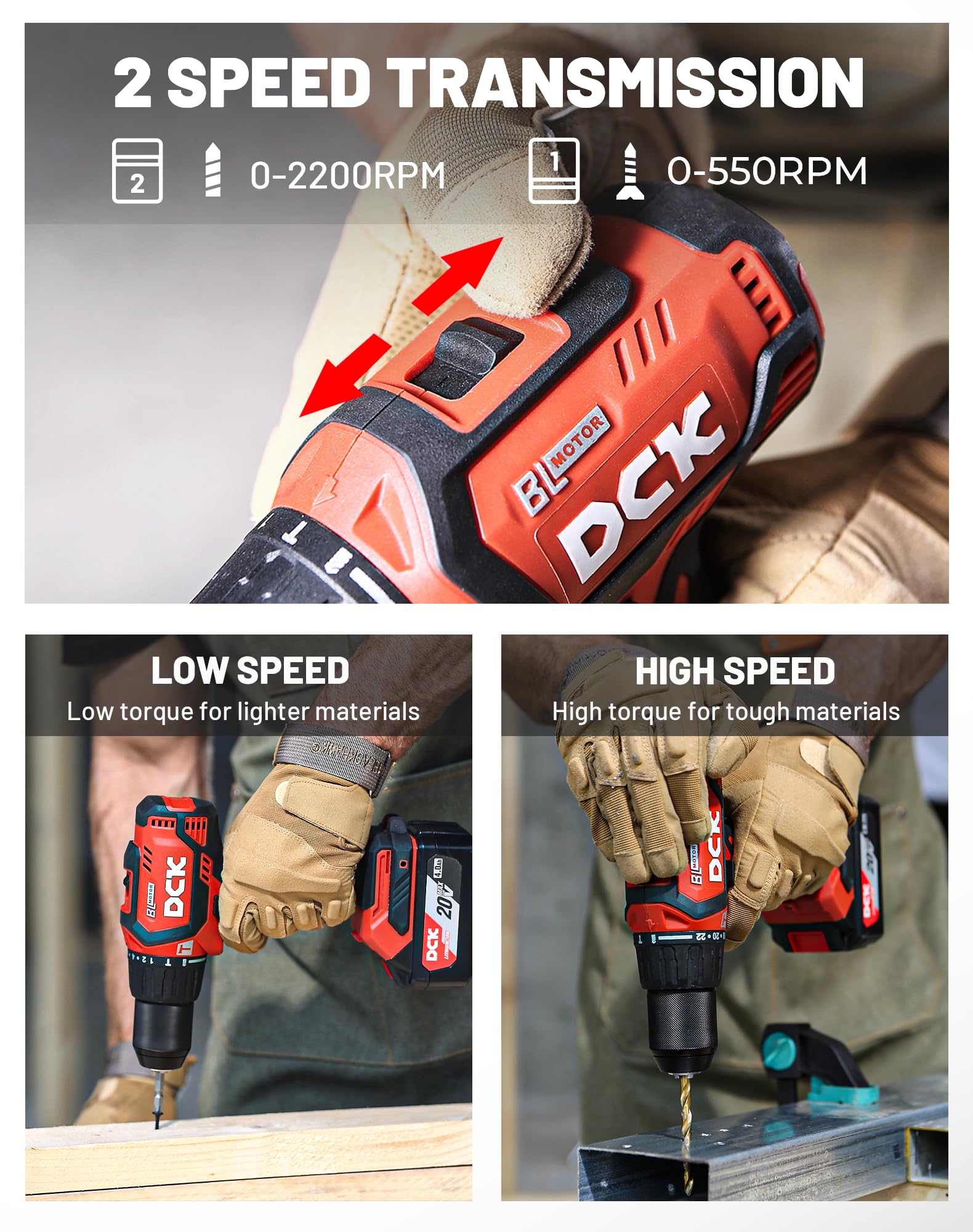 DCK 2-speed settings demonstrate precise control for drilling and driving.