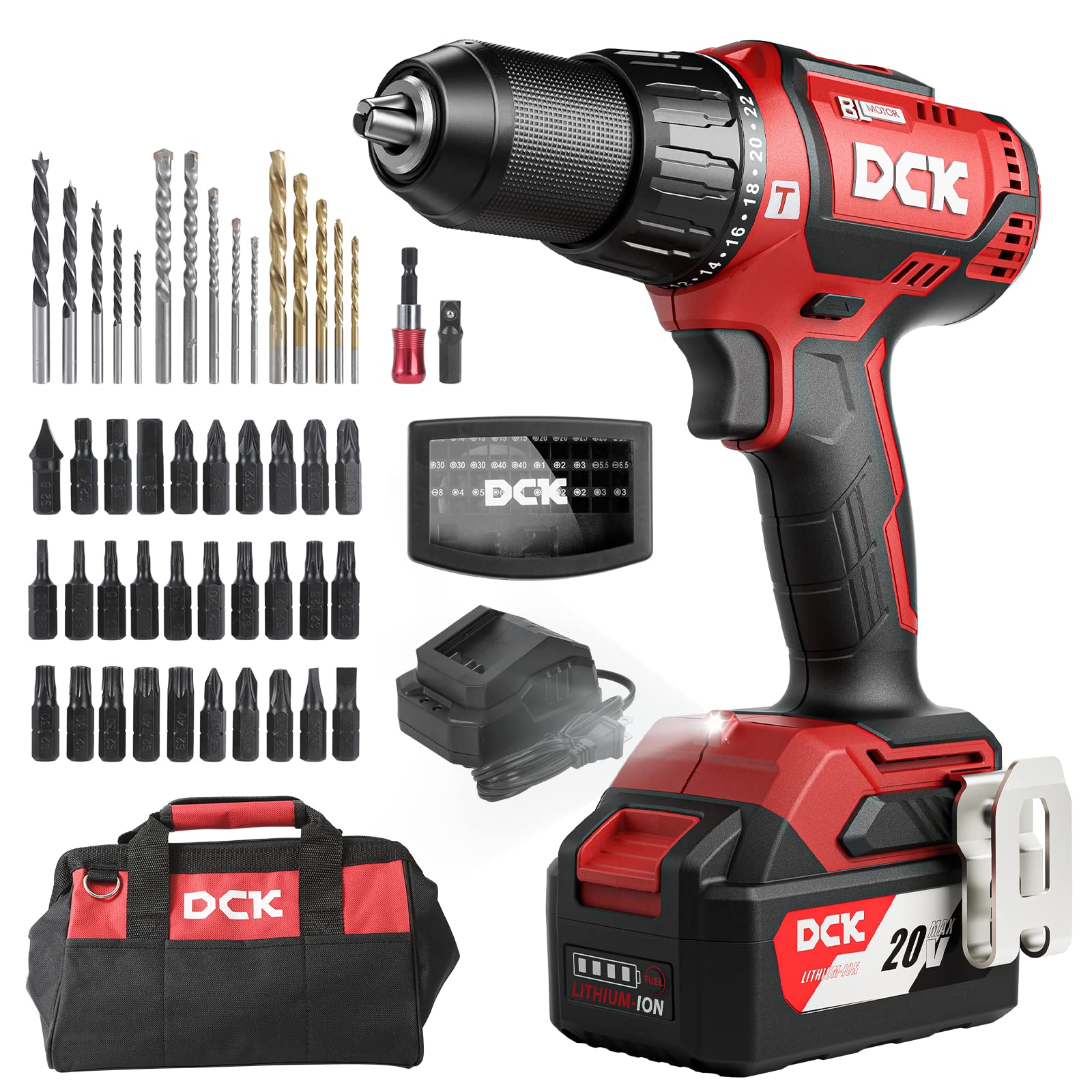 DCK 20V brushless hammer drill in action, cordless convenience for quick drilling tasks.