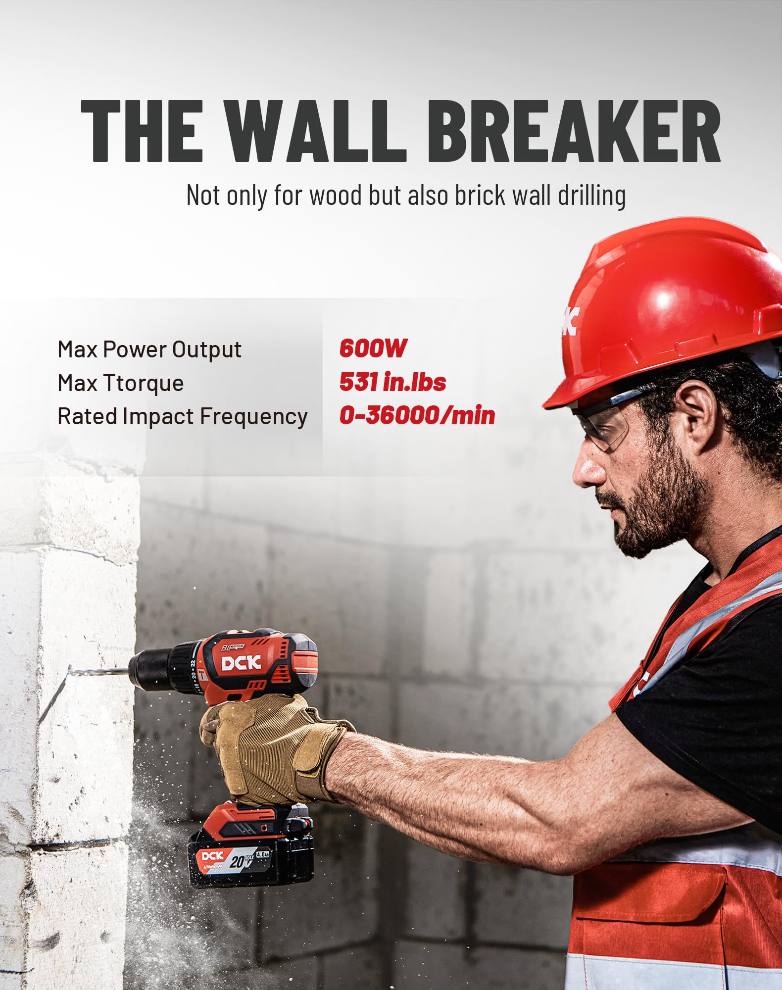 DCK 36000 IPM impact rate highlights fast brick drilling.