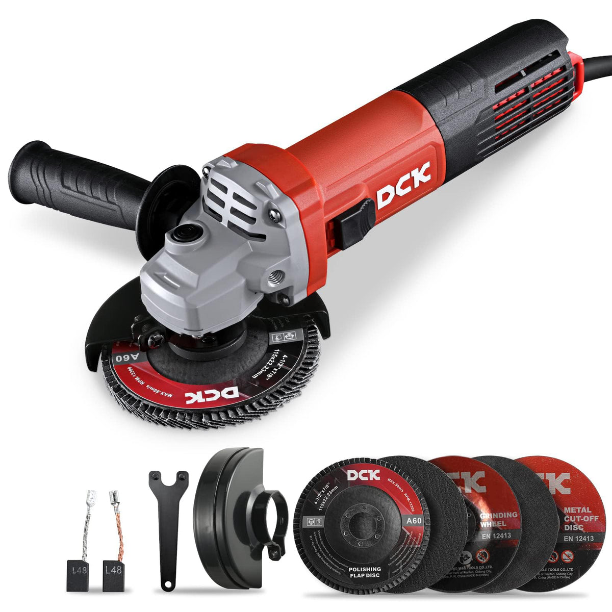 DCK 9.0 Amp angle grinder with compact design for easy handling.