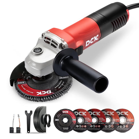 DCK angle grinder with dual guards for safer cutting and grinding tasks.