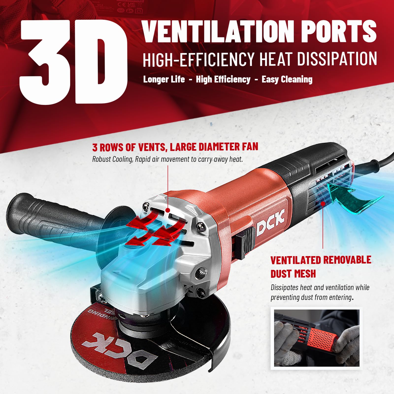 DCK angle grinder includes a 2-position auxiliary handle for control.