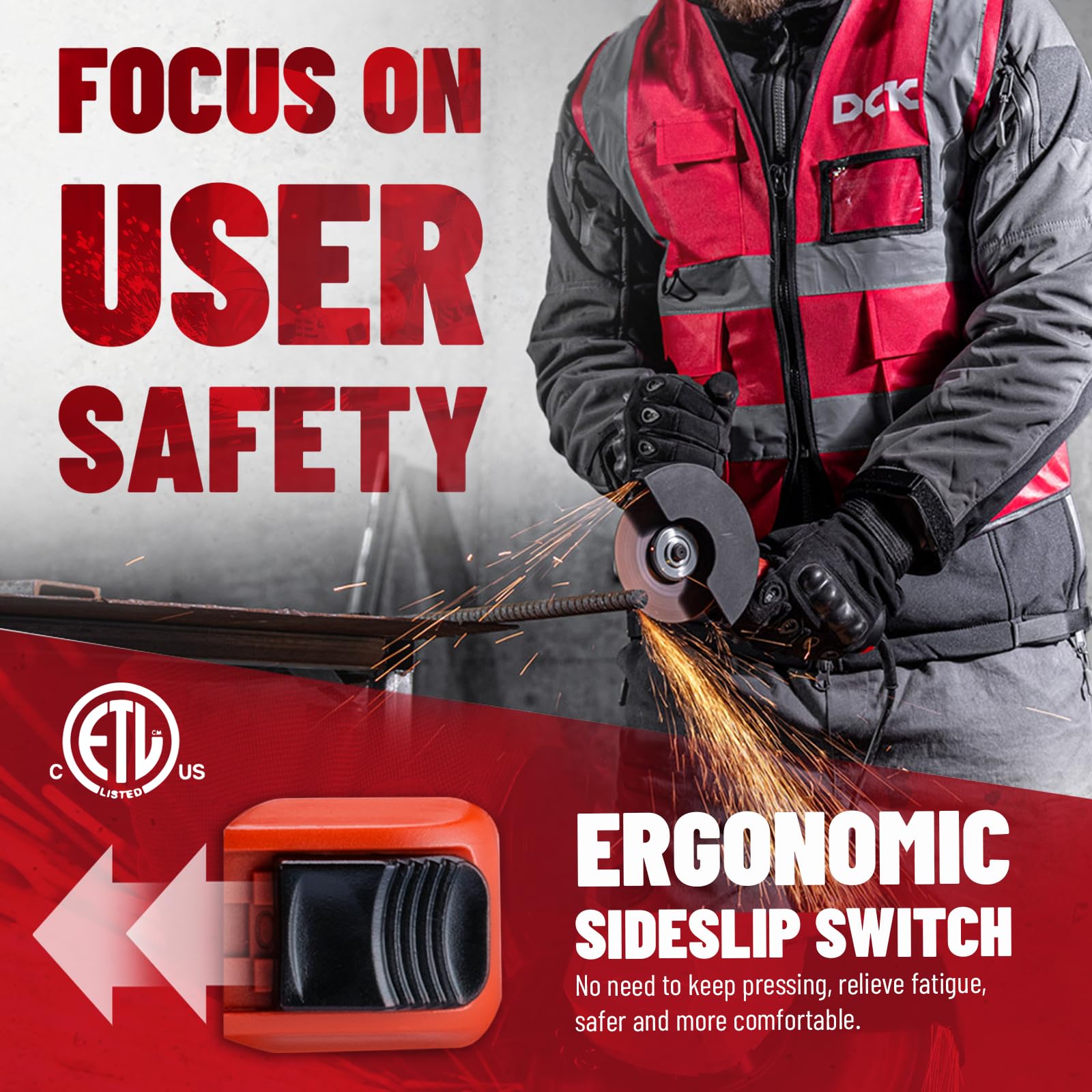 Spindle lock enables quick wheel changes on the DCK angle grinder.