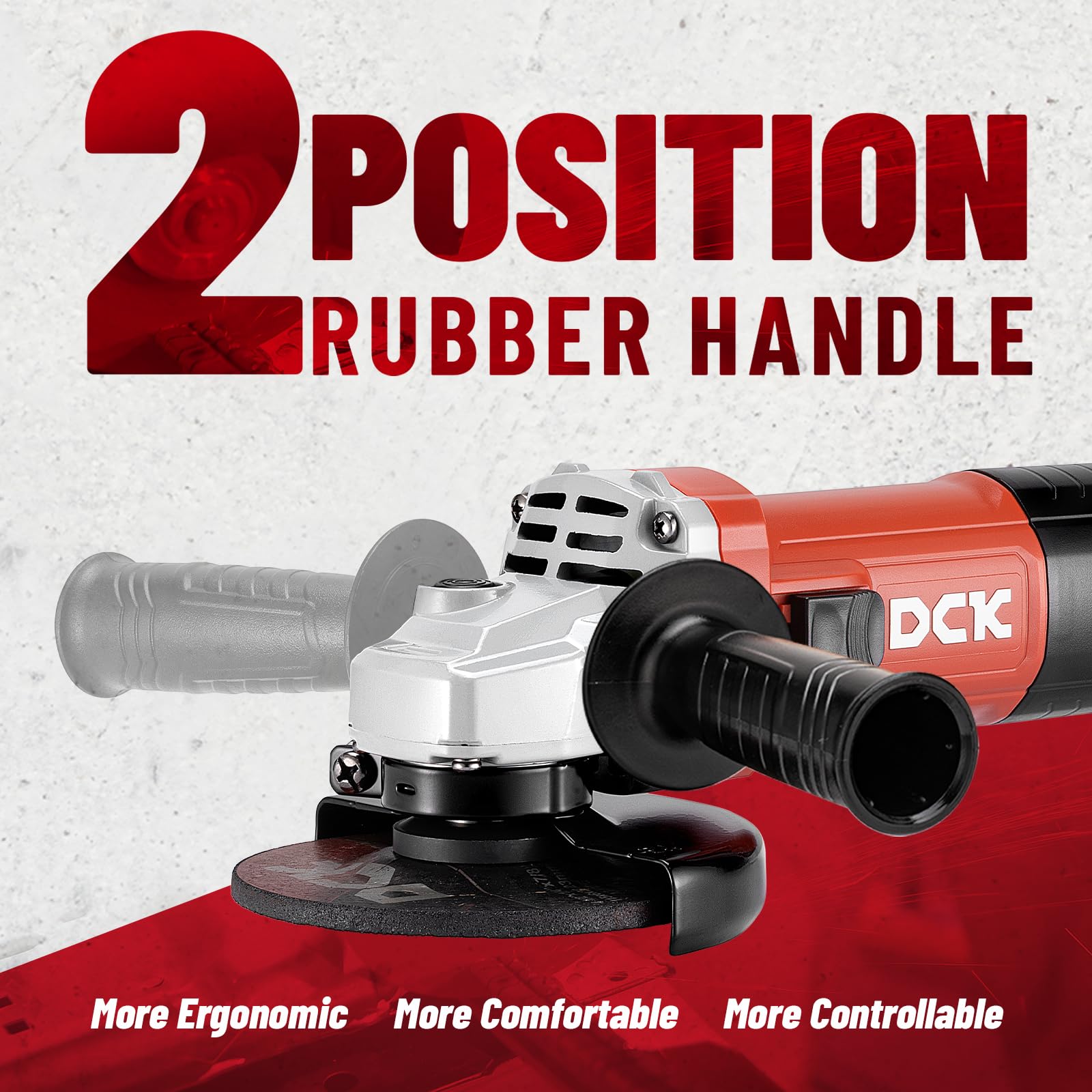 DCK angle grinder with spindle lock for quick wheel changes.