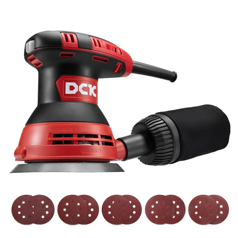 DCK random orbital sander front view shows compact palm grip for comfortable long use.
