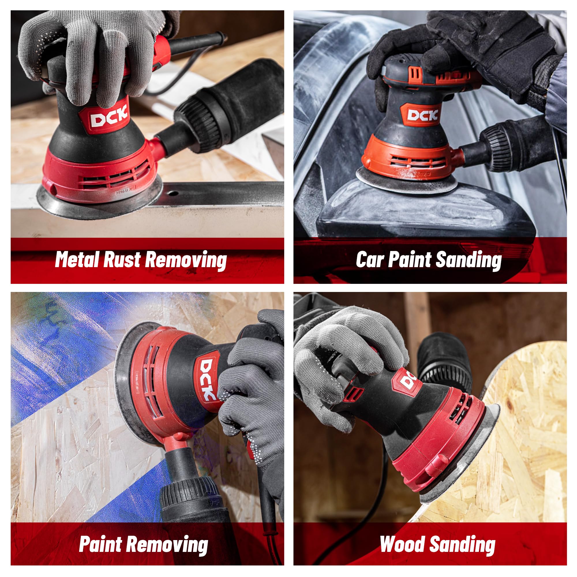 DCK orbital sander in metal and wood projects ready for finishing tasks.