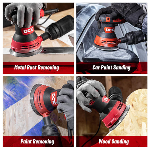 DCK orbital sander in metal and wood projects ready for finishing tasks.