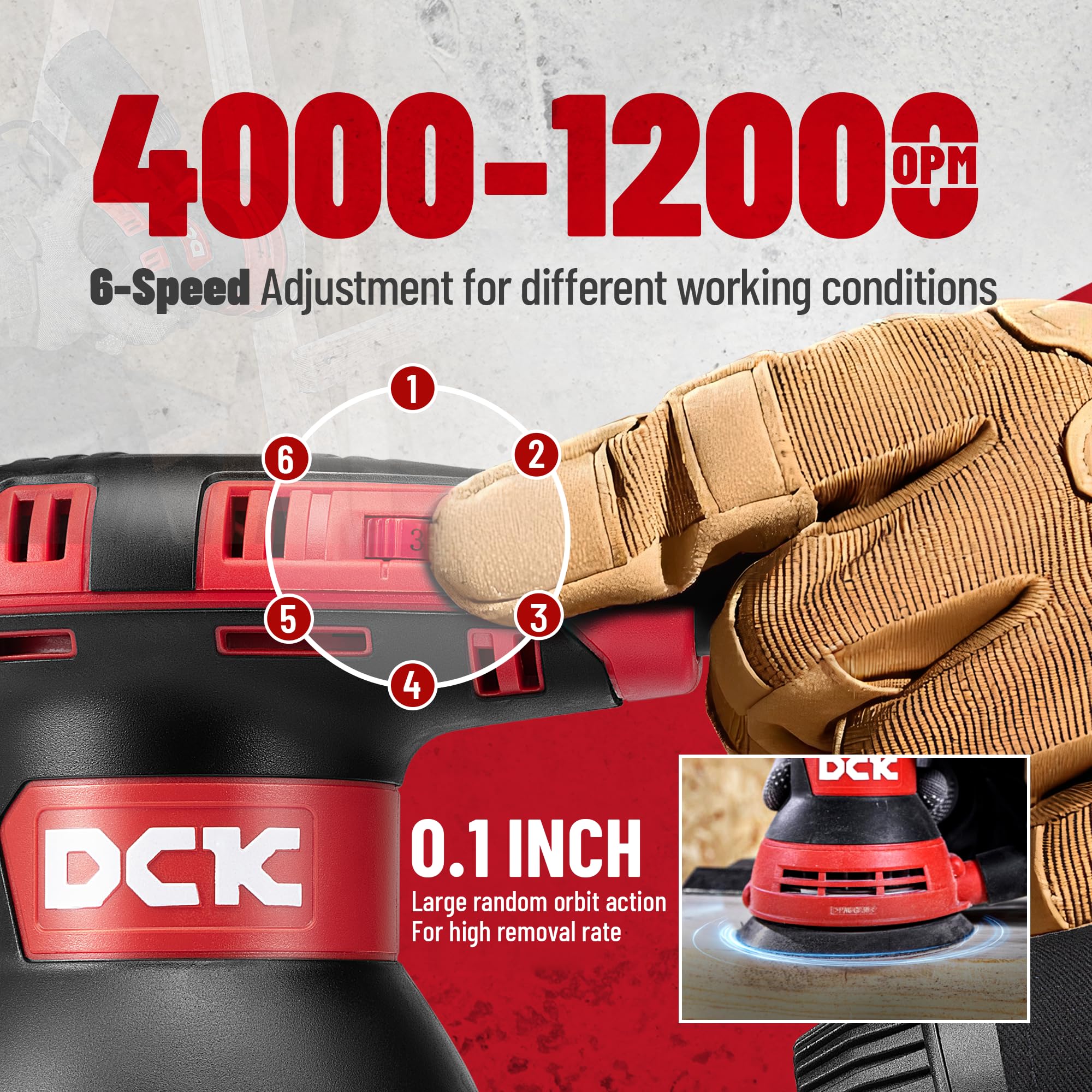 DCK sander speed dial image highlights 6-speed control for versatile sanding.