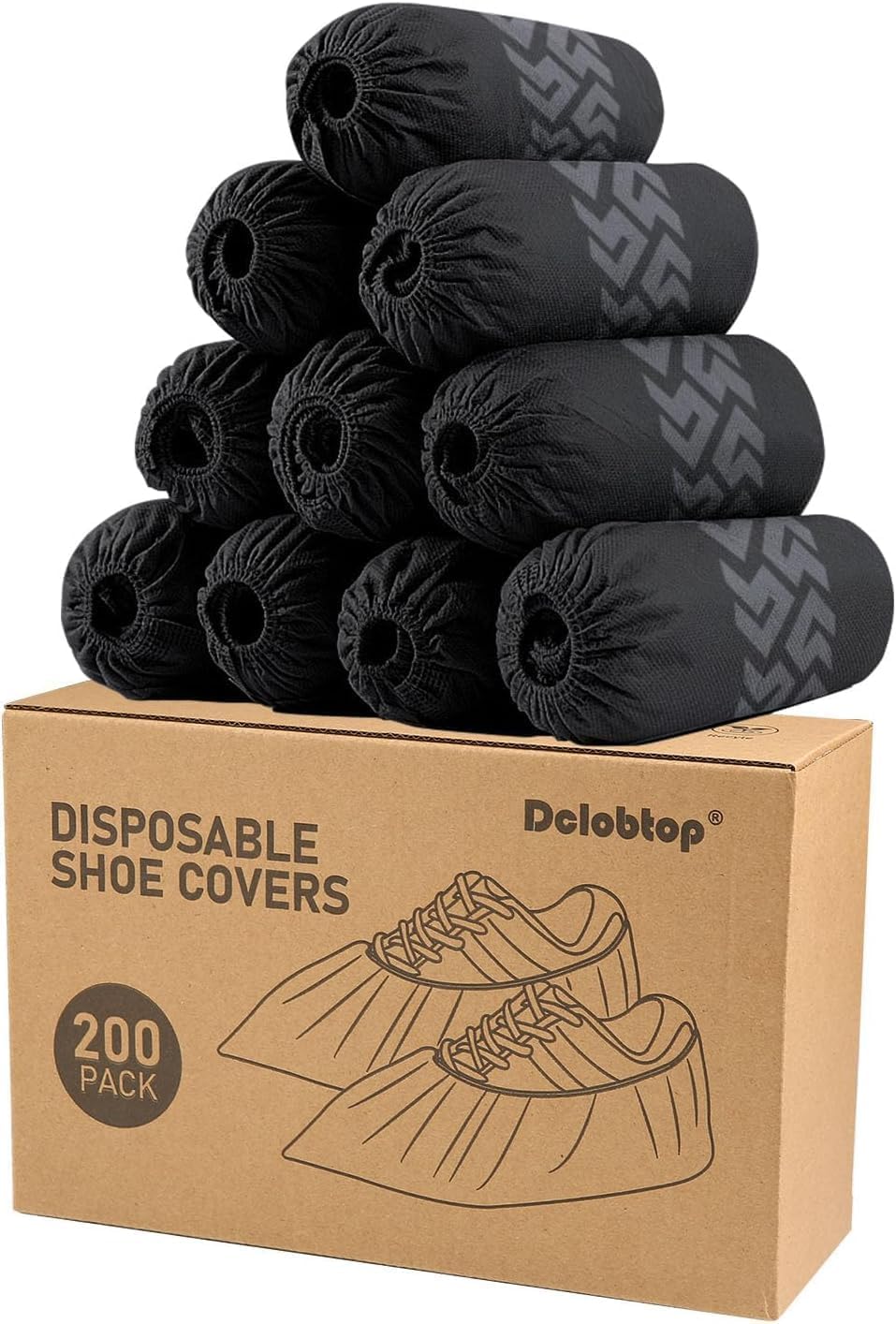 DclobTop black disposable shoe covers in a 200-pack for clean floors.