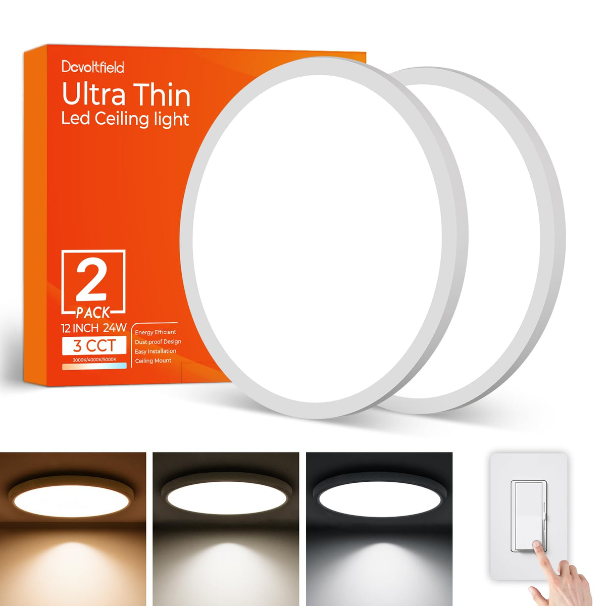 Dcvoltfield 2Pack 12-inch flush mount front view shows sleek round ceiling light