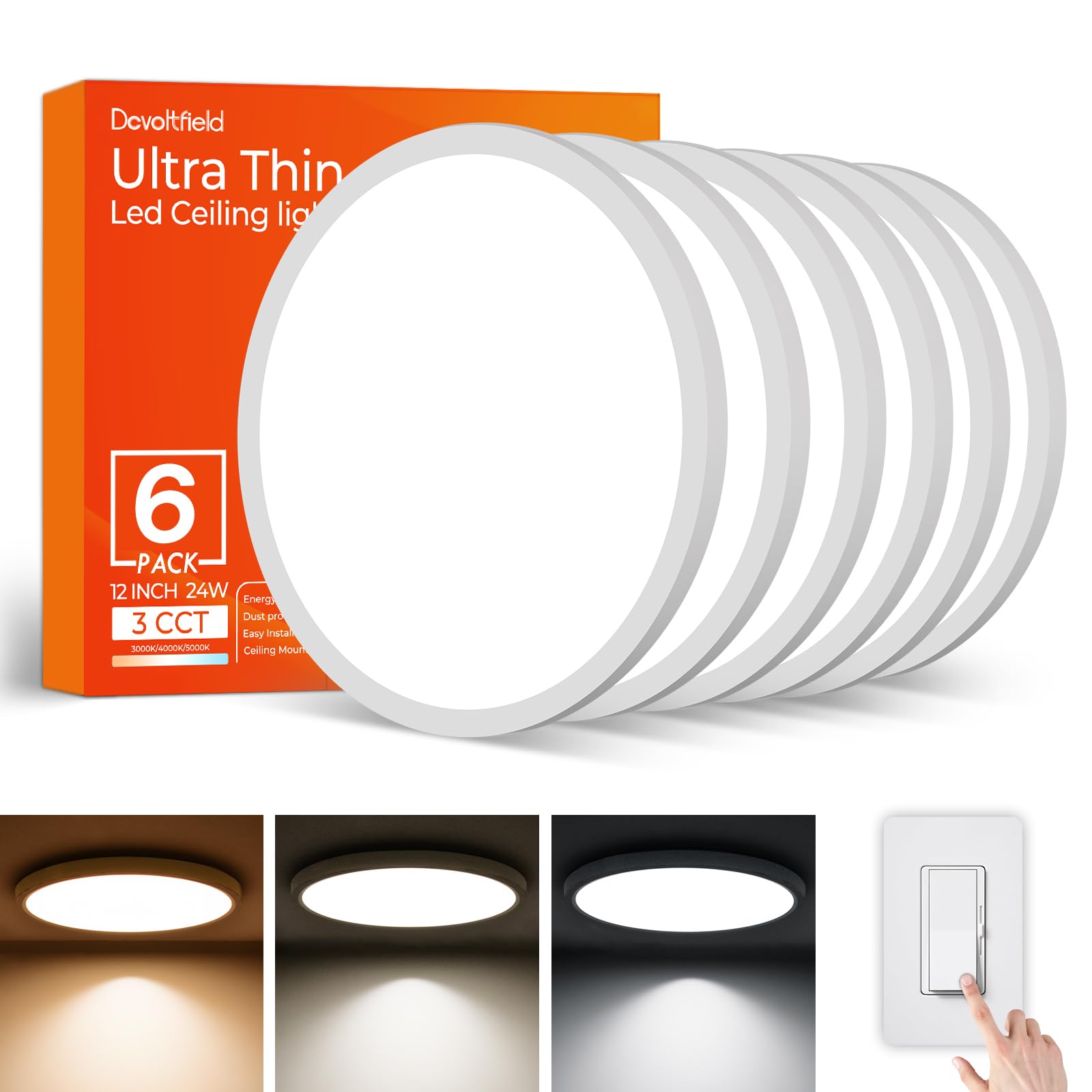 Dcvoltfield 6Pack 12-Inch LED flush-mount kit for space-saving room lighting.
