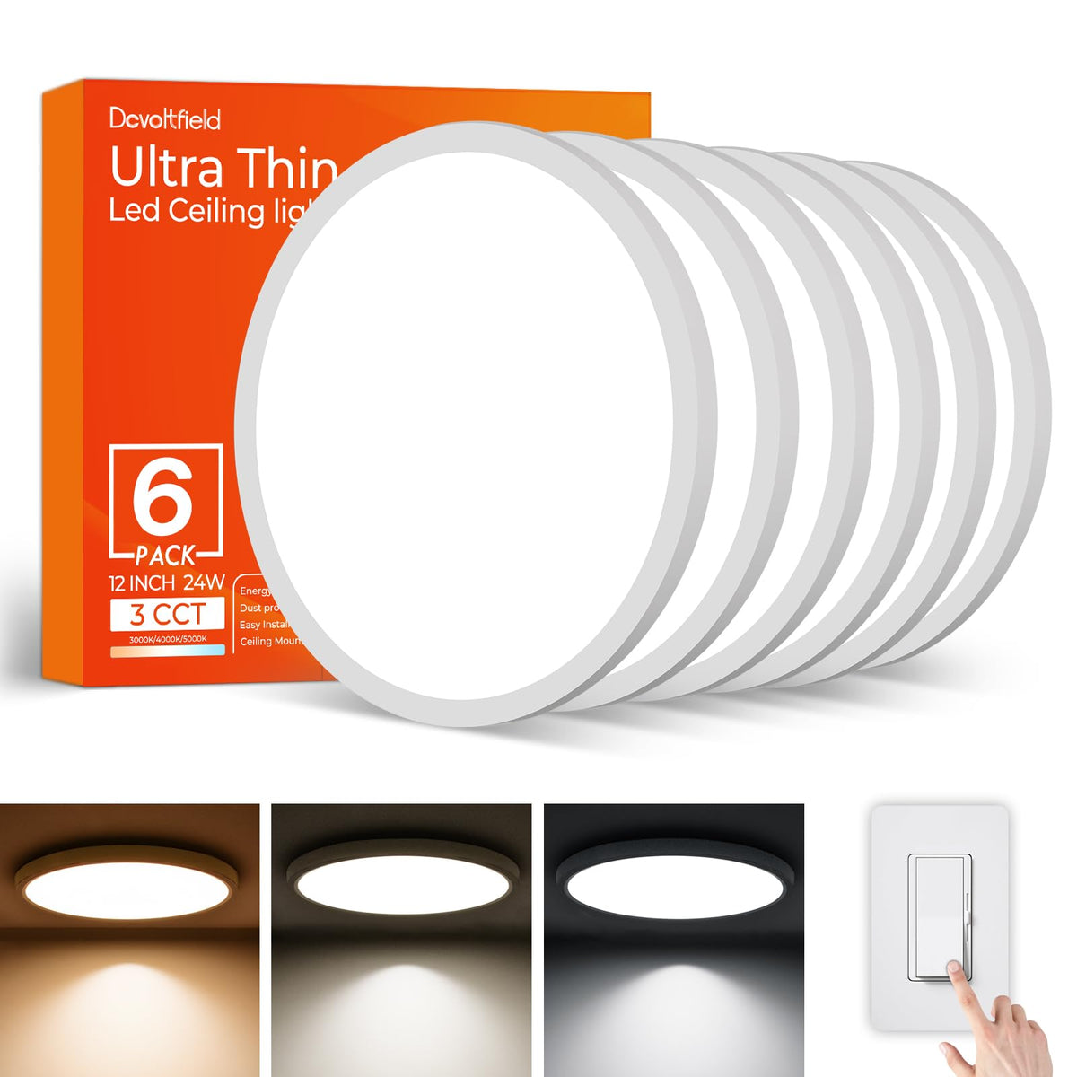 Dcvoltfield 6Pack 12-Inch LED flush-mount kit for space-saving room lighting.