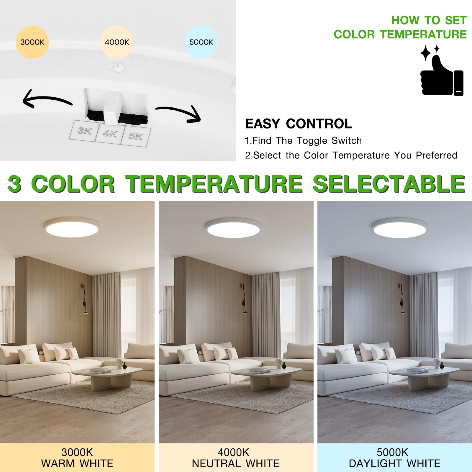 Dcvoltfield LED ceiling light at 4000K neutral white for balanced tasks.