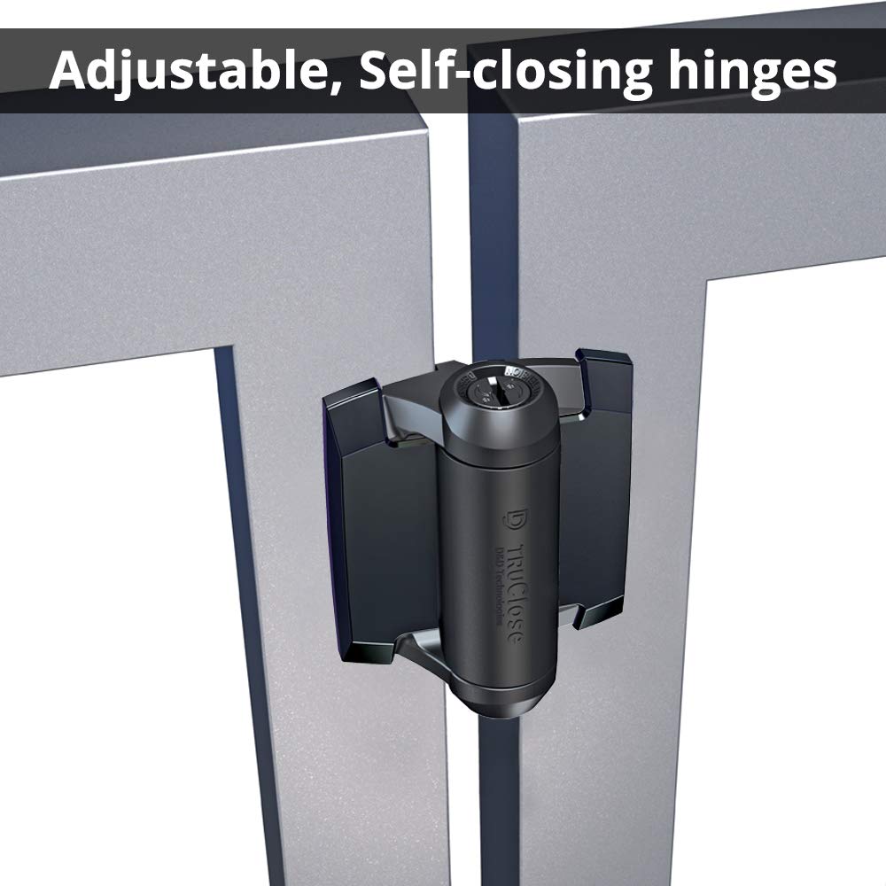 D&D Technologies black gate hinge on metal gate demonstrates sturdy, weatherproof design