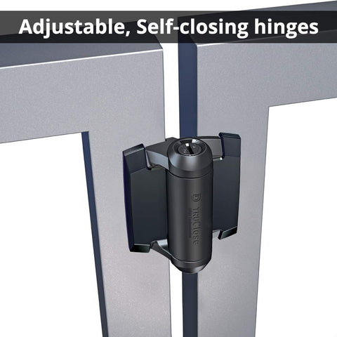 D&D Technologies black gate hinge on metal gate demonstrates sturdy, weatherproof design