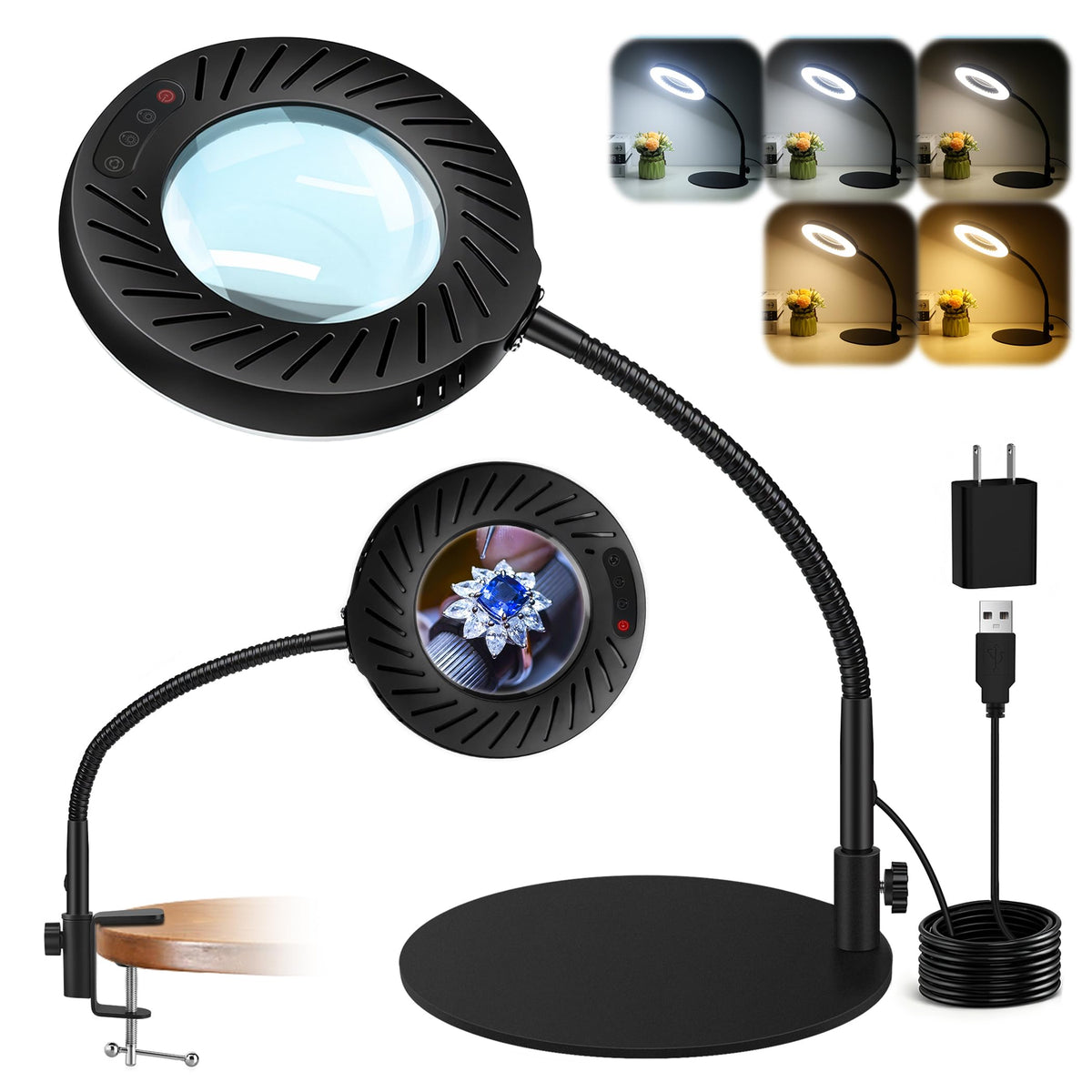 Ddlisu 12x magnifying glass light stand, front view, ideal for precise close-ups while crafting.