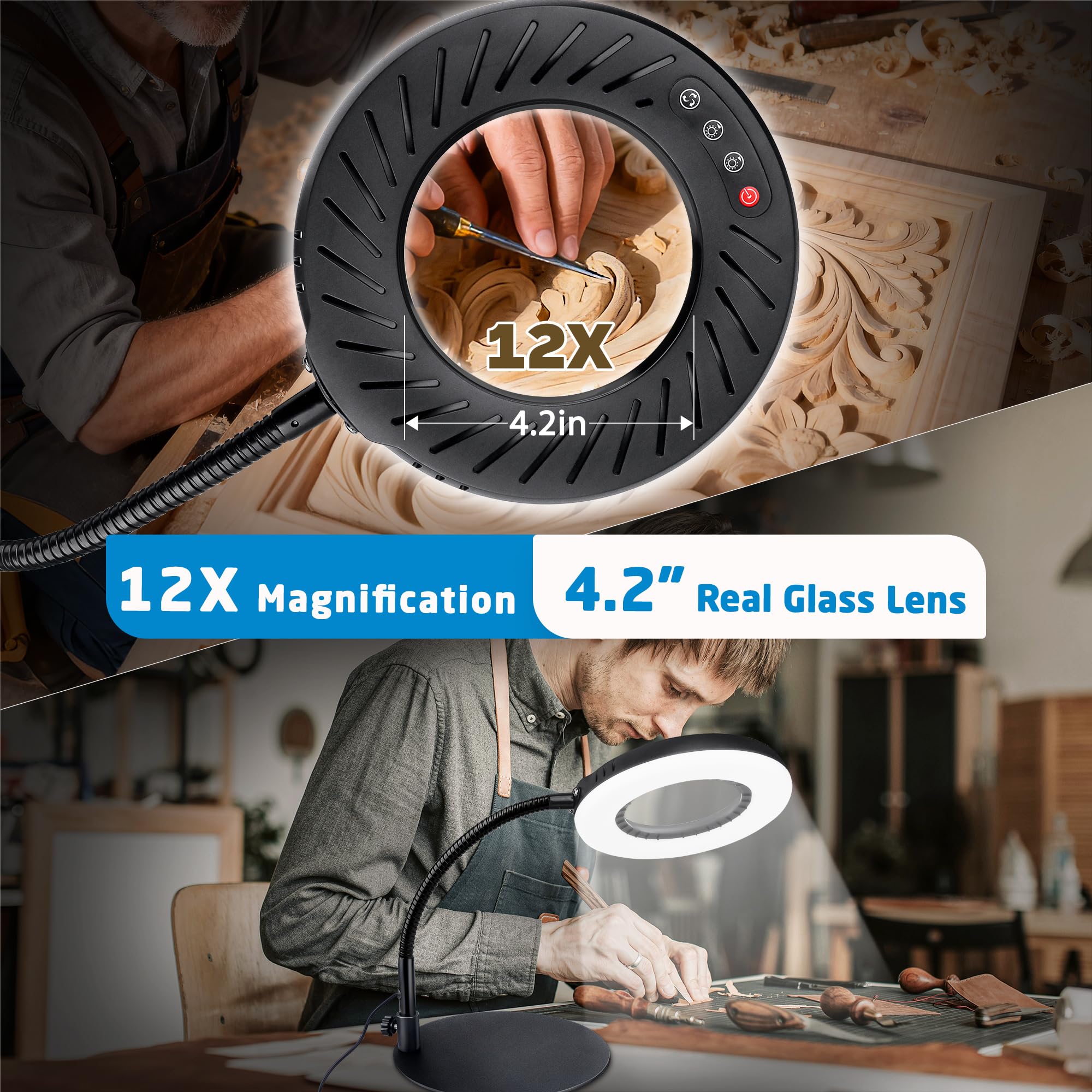 Ddlisu 12x magnifying glass light stand, side view, stable base supports steady repair work.