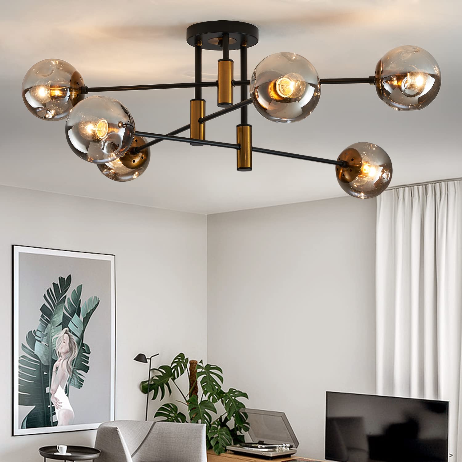 DDLLDESHI 6-light glass globe chandelier with smoky shade for modern dining room ambiance.