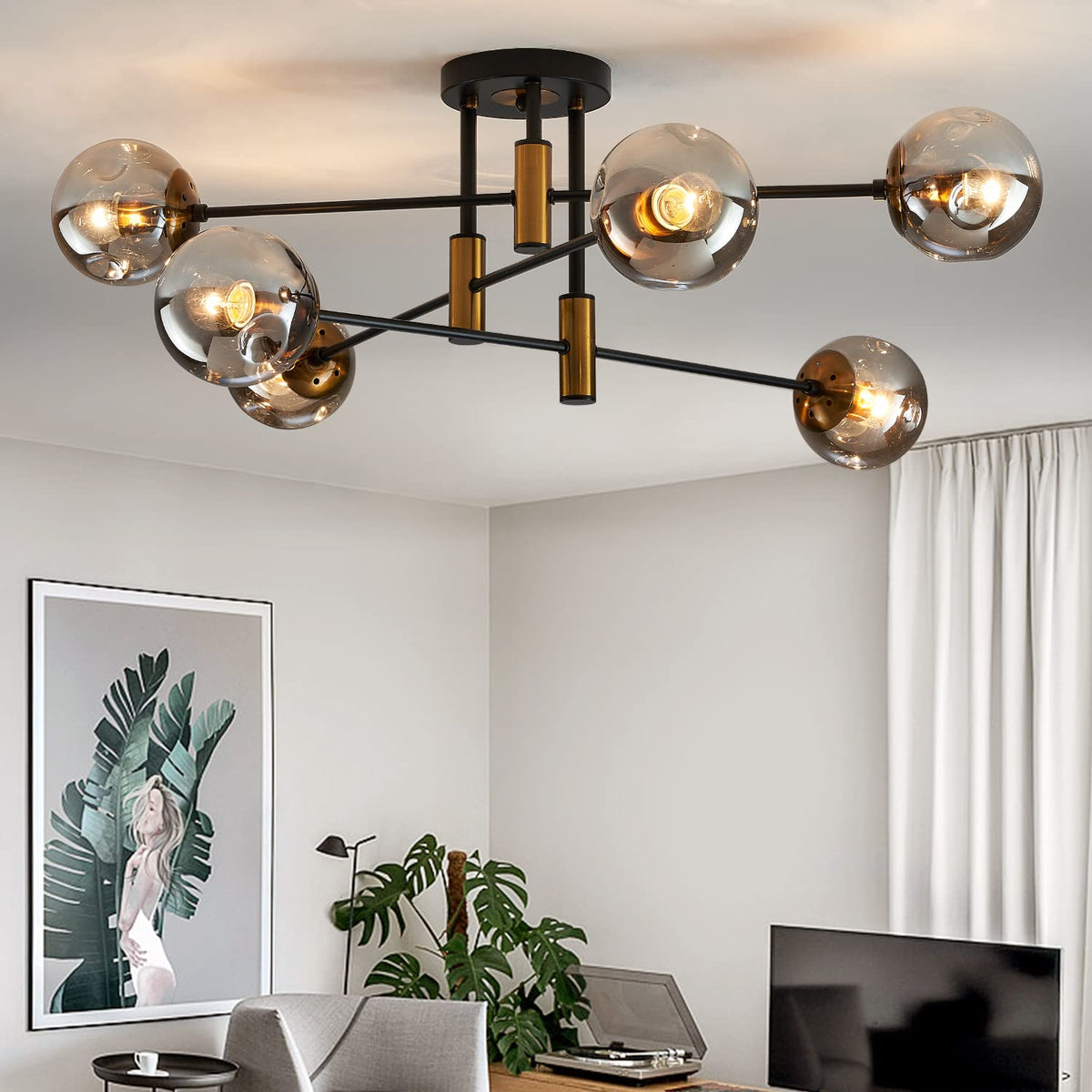 DDLLDESHI 6-light glass globe chandelier with smoky shade for modern dining room ambiance.