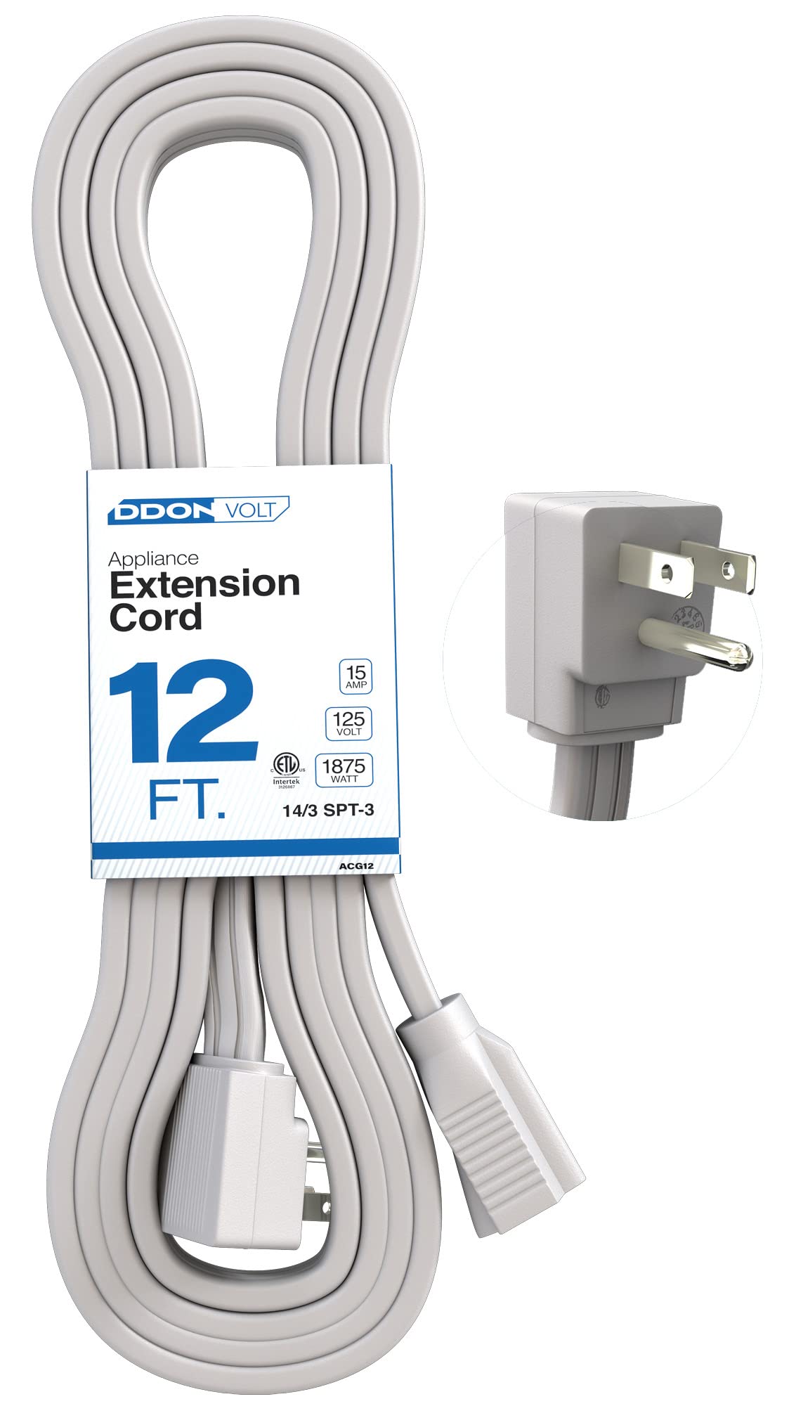 DDON USA 12ft flat-end plug cord powers appliances while saving wall space