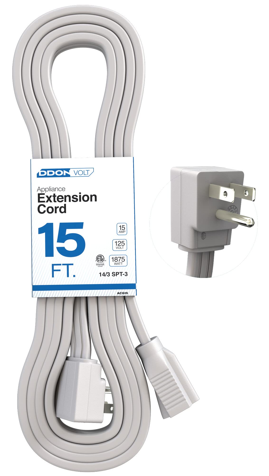 DDON USA appliance extension cord 15ft length, ideal for powering large appliances from a distant outlet.