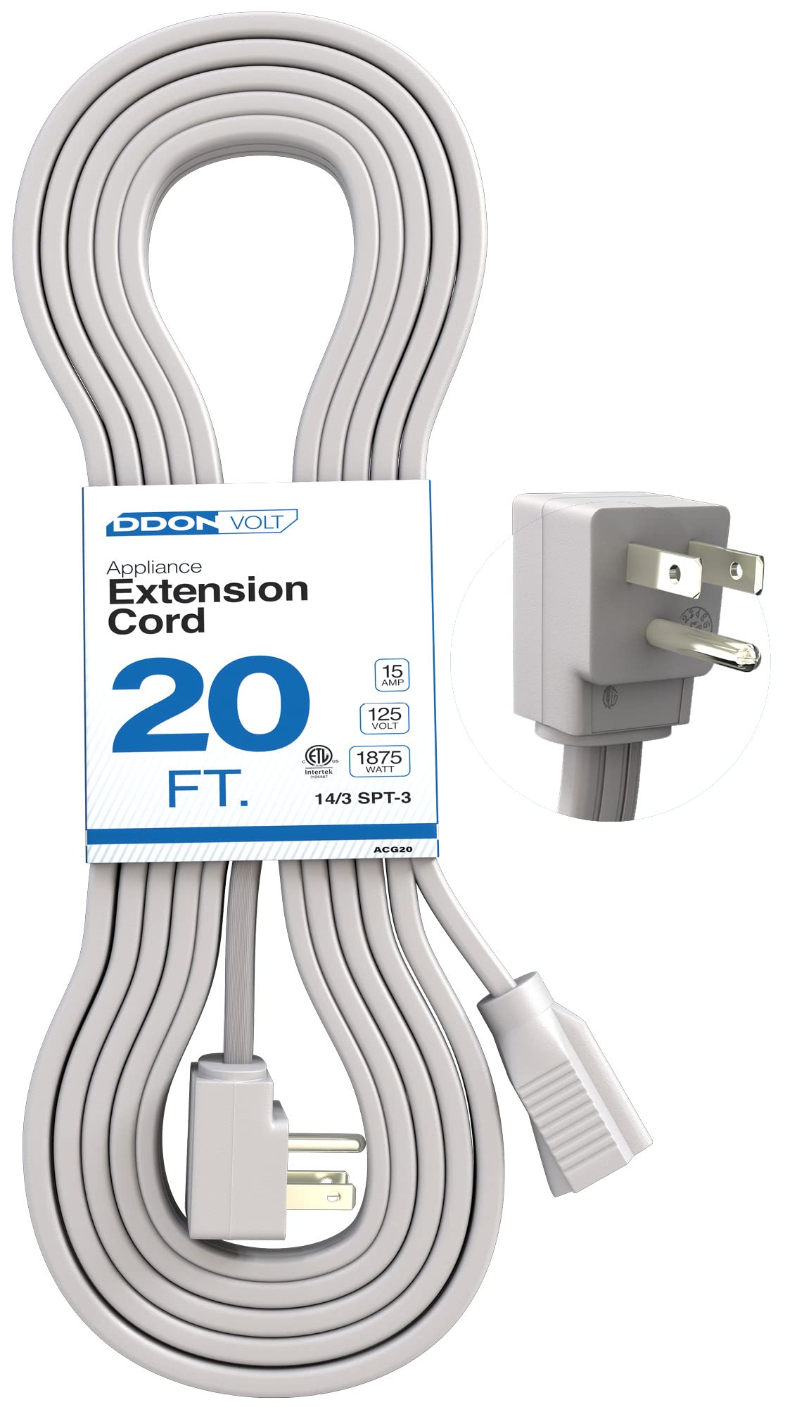 DDON USA appliance extension cord 20ft flat-end plug, flush to wall for tight spaces.