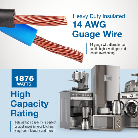 DDON USA appliance extension cord features easy-grip grooves for quick connection and removal.