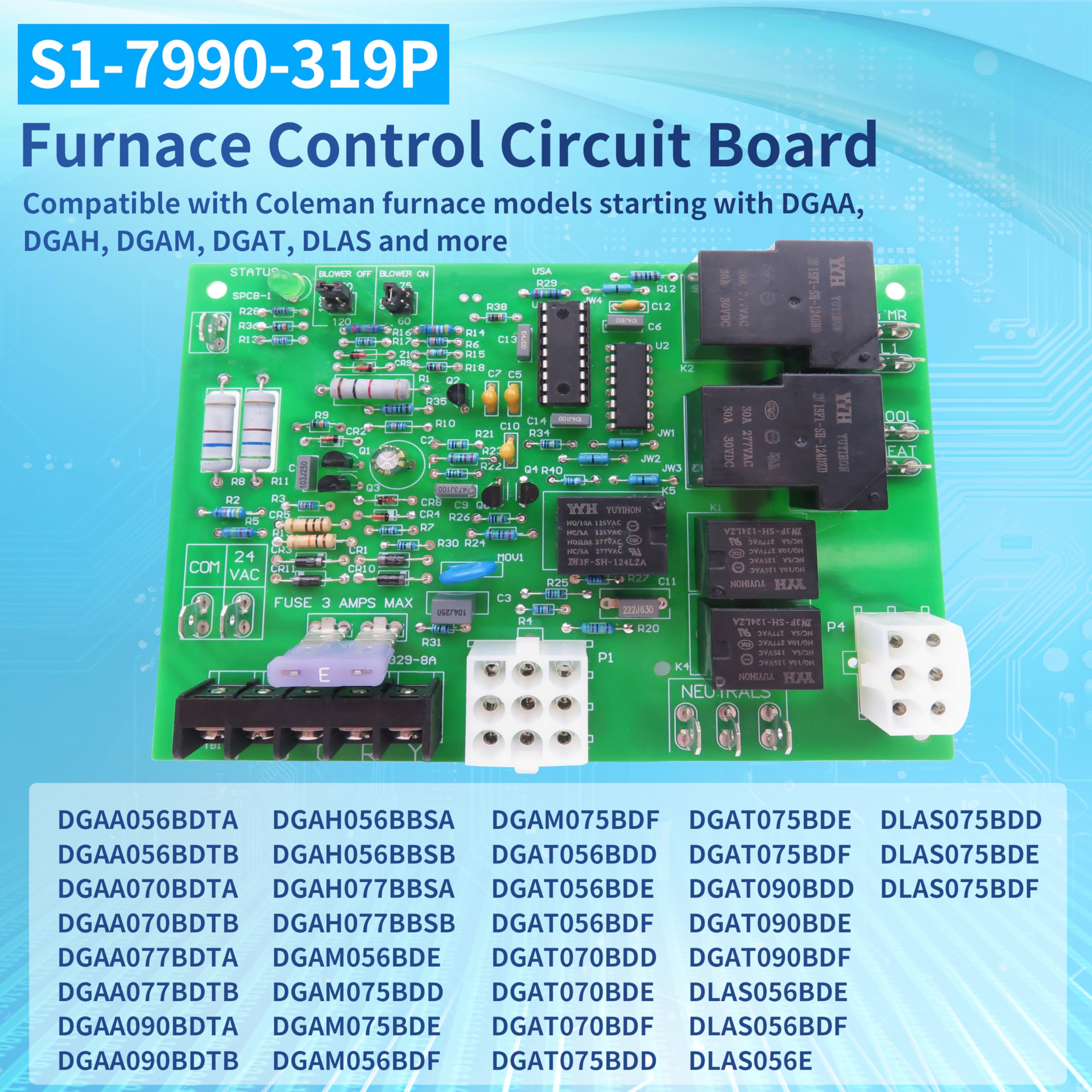 DDORUU S1-7990-319P furnace control board back view for secure wiring connections.