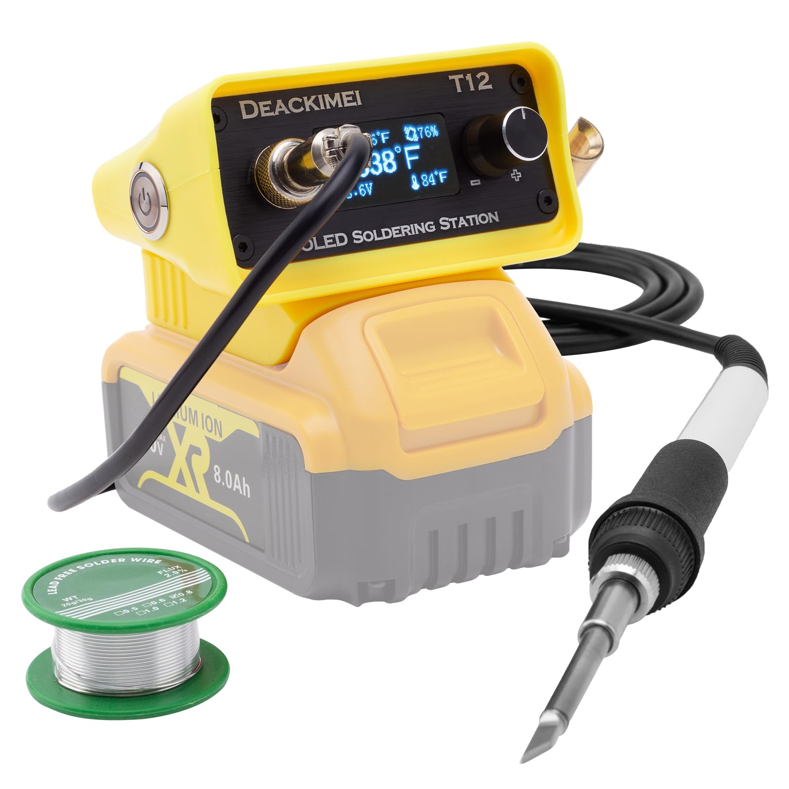 Deackimei cordless soldering station compatible with Dewalt 20V Max battery for portable soldering tasks.