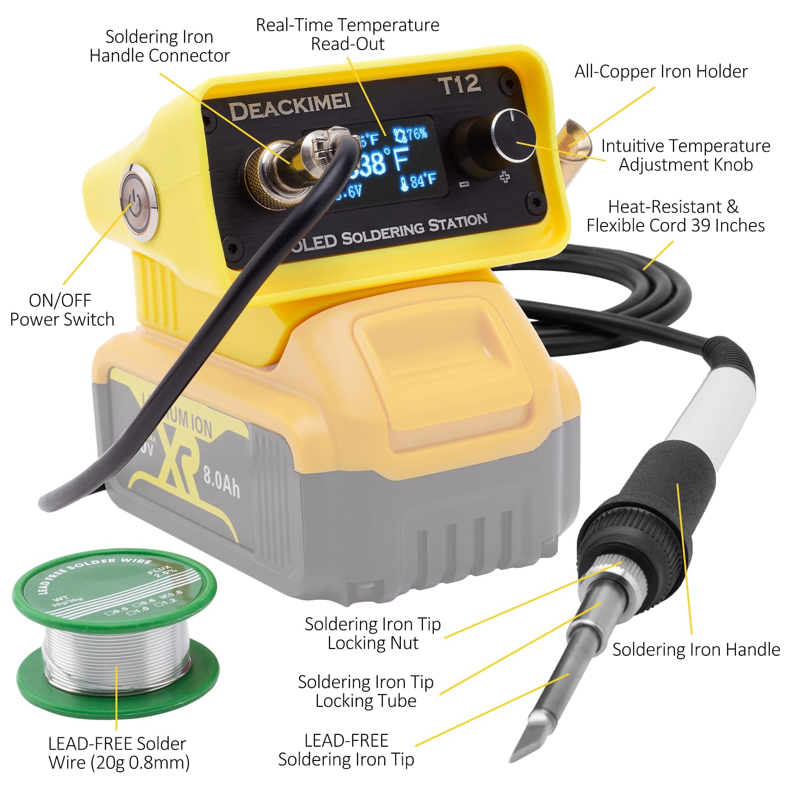 Deackimei soldering station features a precise temperature control knob for accurate heat.