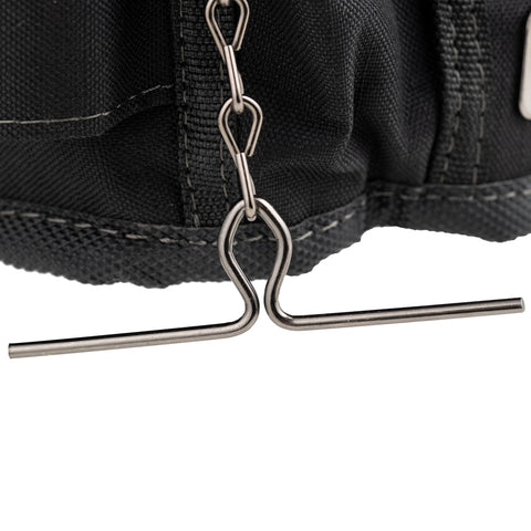 Metal carabiner adds versatile attachment options on the pouch.