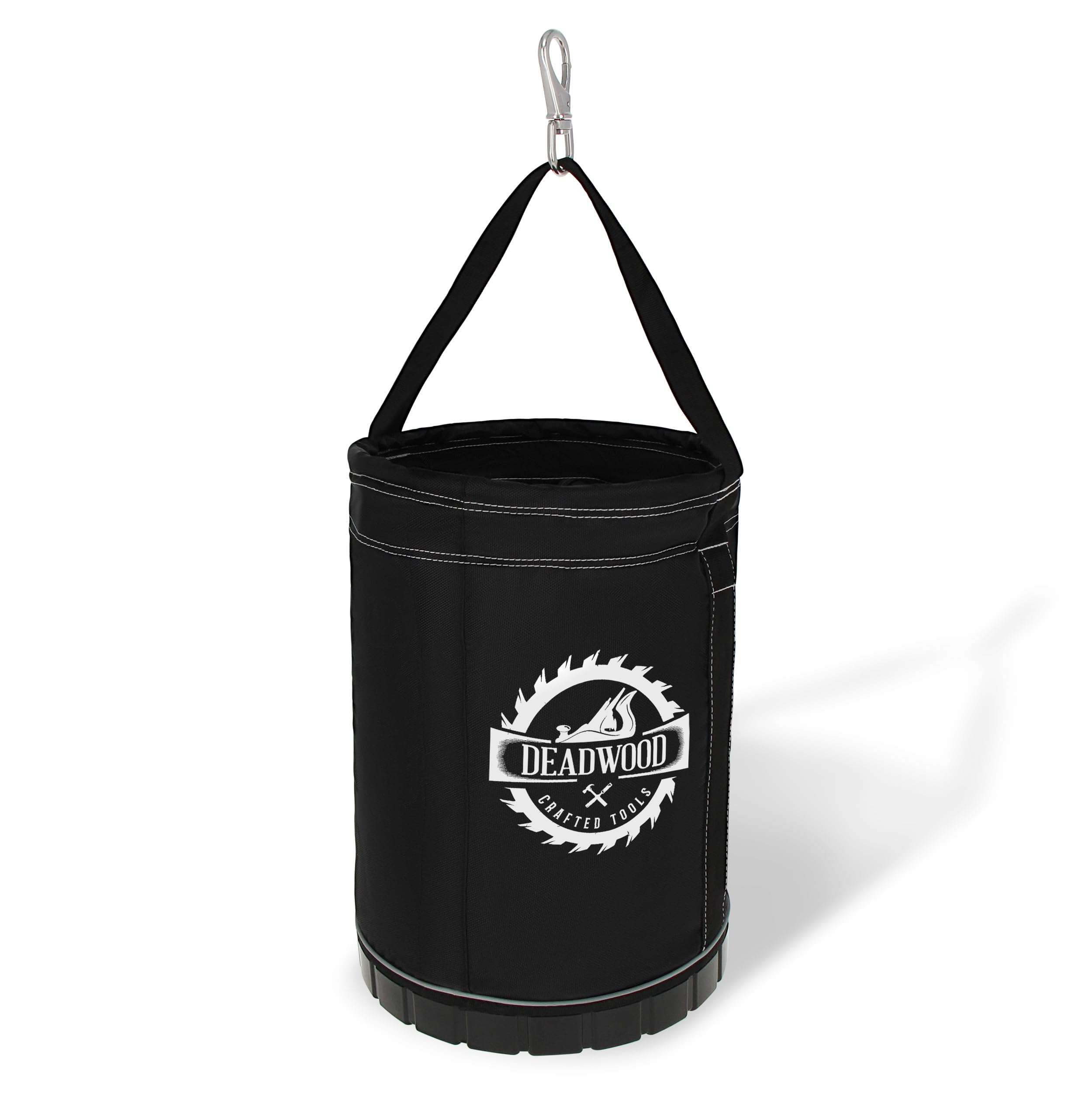 Deadwood Canvas Lineman Bucket side view shows rugged durability for tool hauling on site