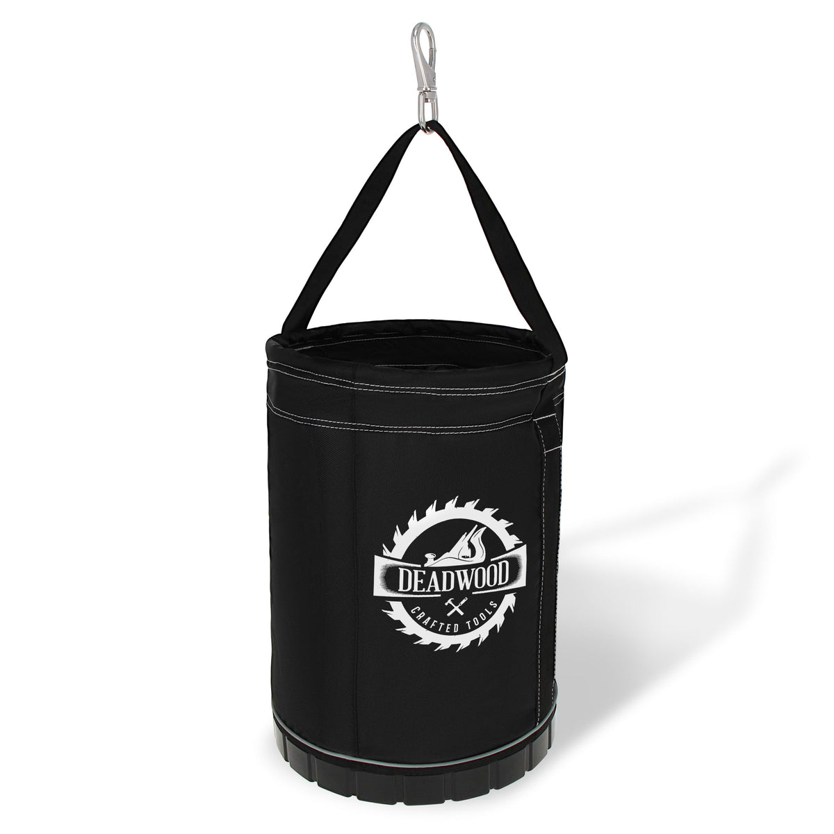 Deadwood Canvas Lineman Bucket side view shows rugged durability for tool hauling on site