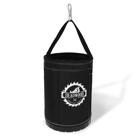 Deadwood Canvas Lineman Bucket side view shows rugged durability for tool hauling on site