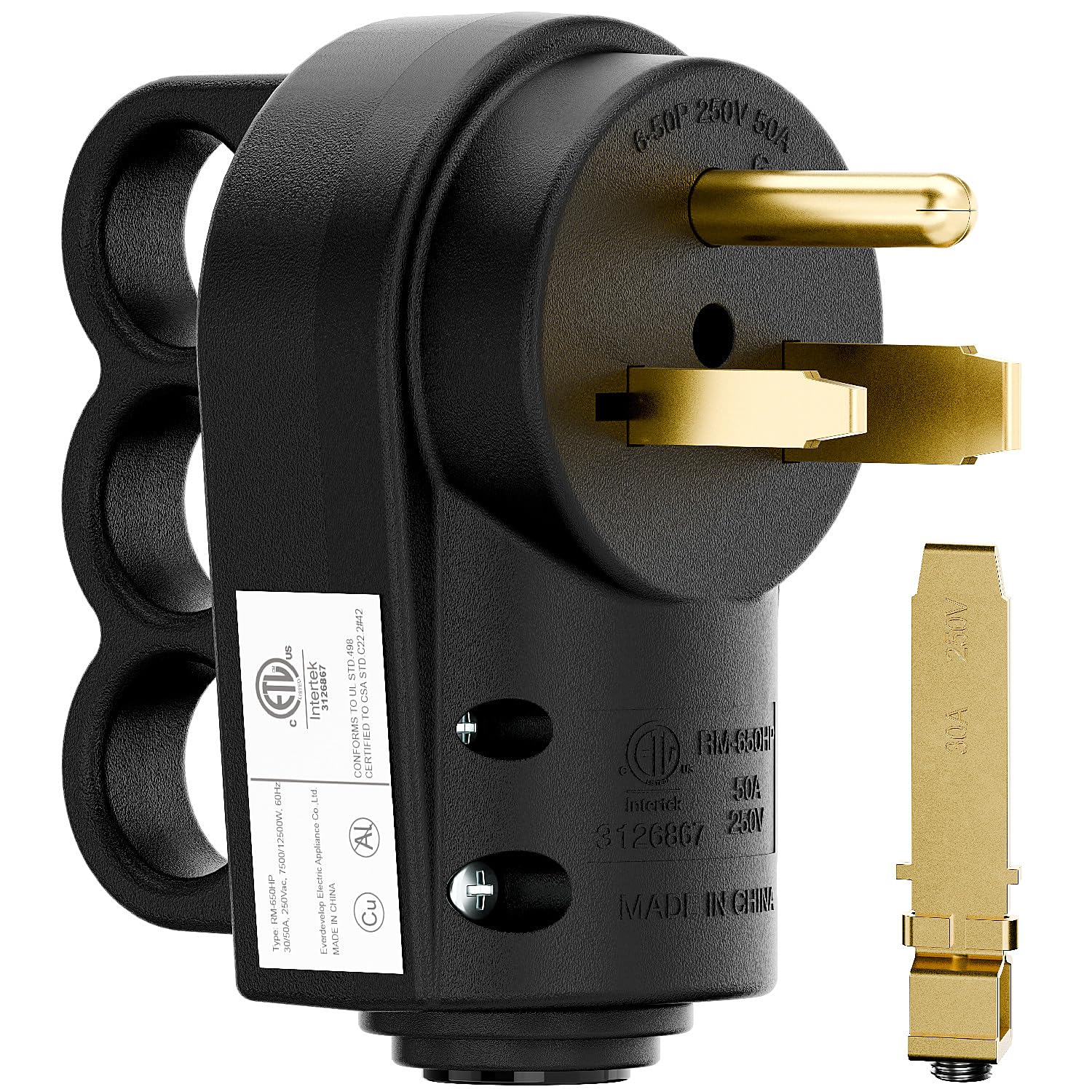 DEALTUS NEMA welder plug front view shows dual 30A 50A capability for versatile wiring