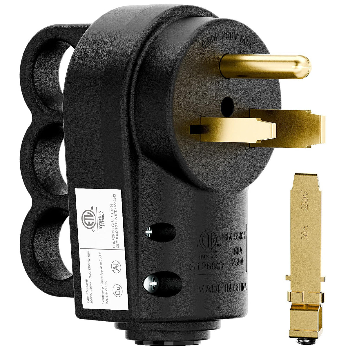 DEALTUS NEMA welder plug front view shows dual 30A 50A capability for versatile wiring