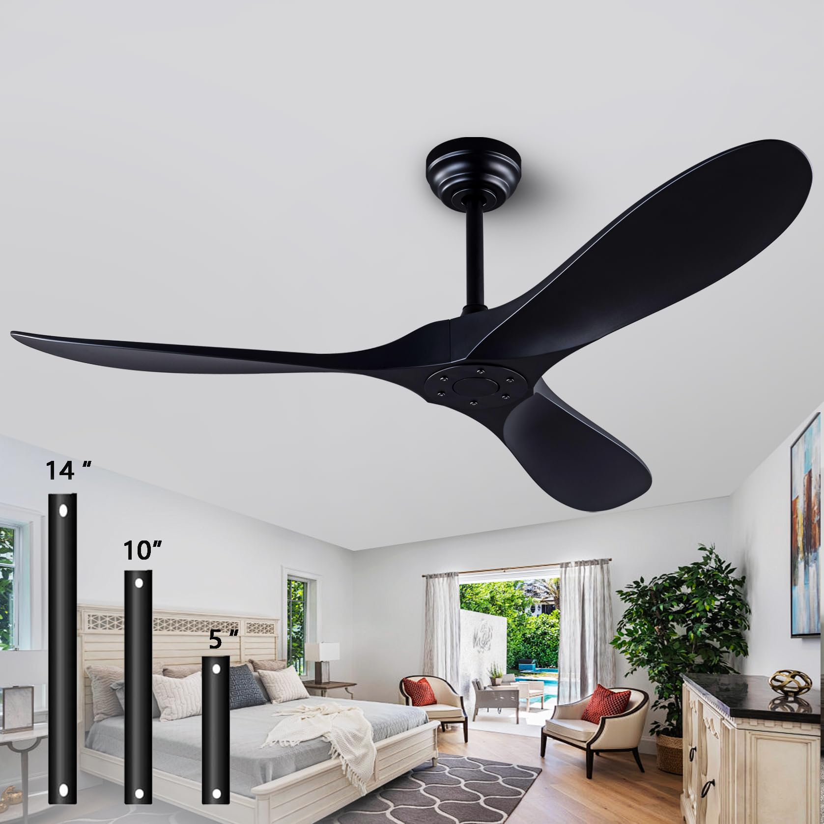 Dearnow 52-inch ceiling fan front view in black for indoor and outdoor spaces.
