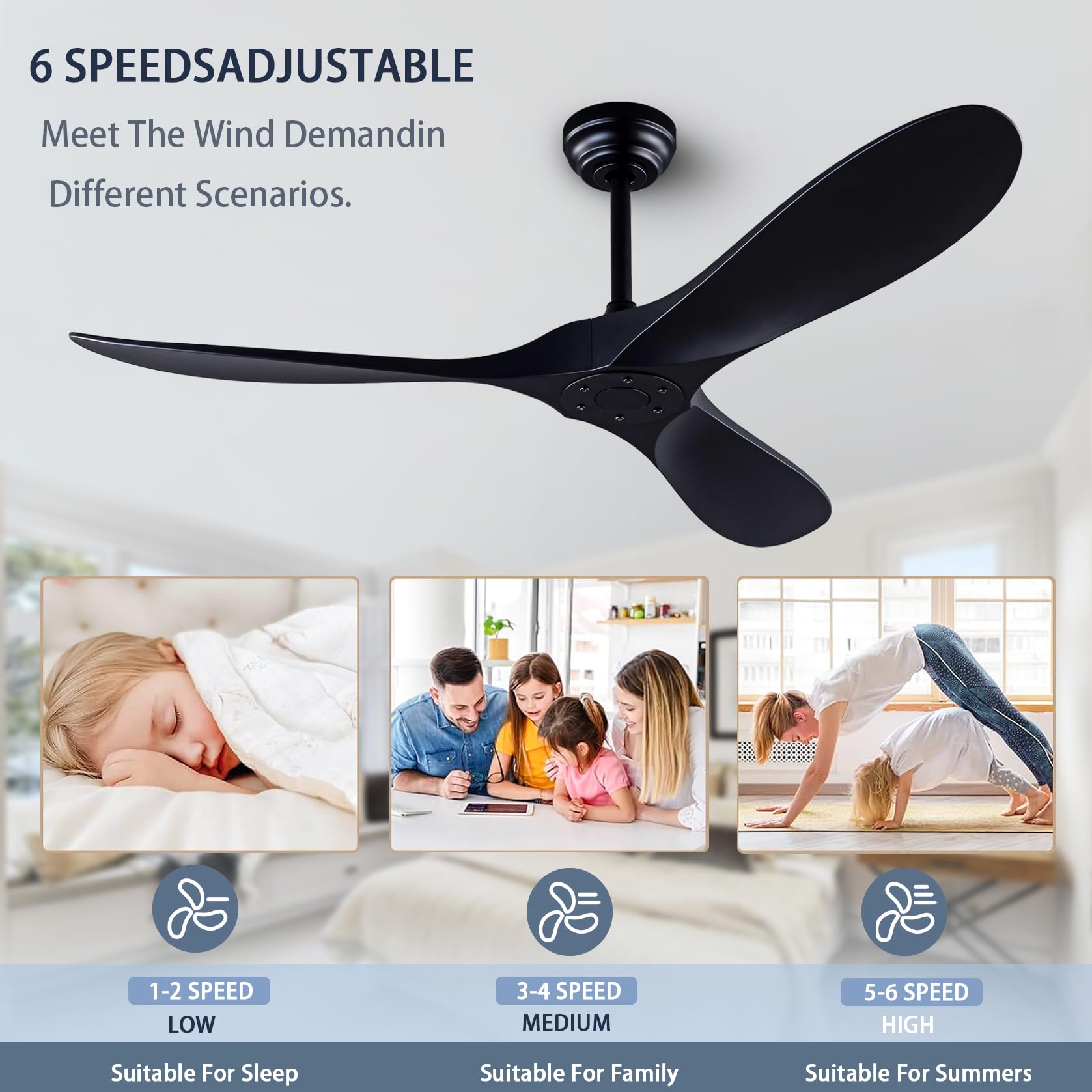 Dearnow three-blade design demonstrates balanced airflow across indoor and outdoor spaces.