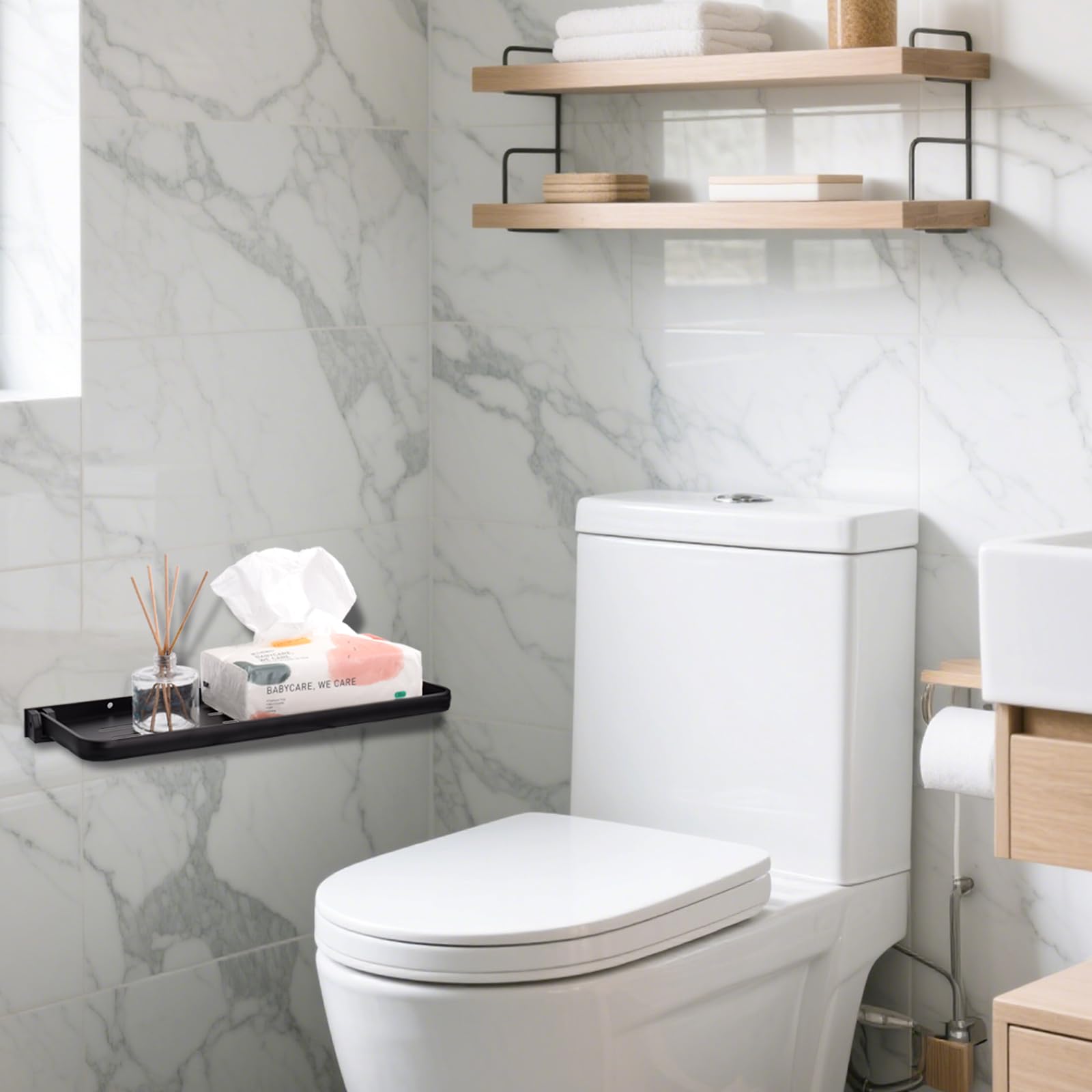 DEAYOU aluminum floating shelf with drain holes stays dry between uses.
