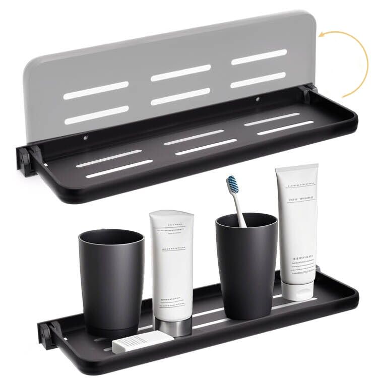 DEAYOU folding wall shelf in bathroom demonstrates space-saving organization.