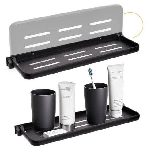 DEAYOU folding wall shelf in bathroom demonstrates space-saving organization.