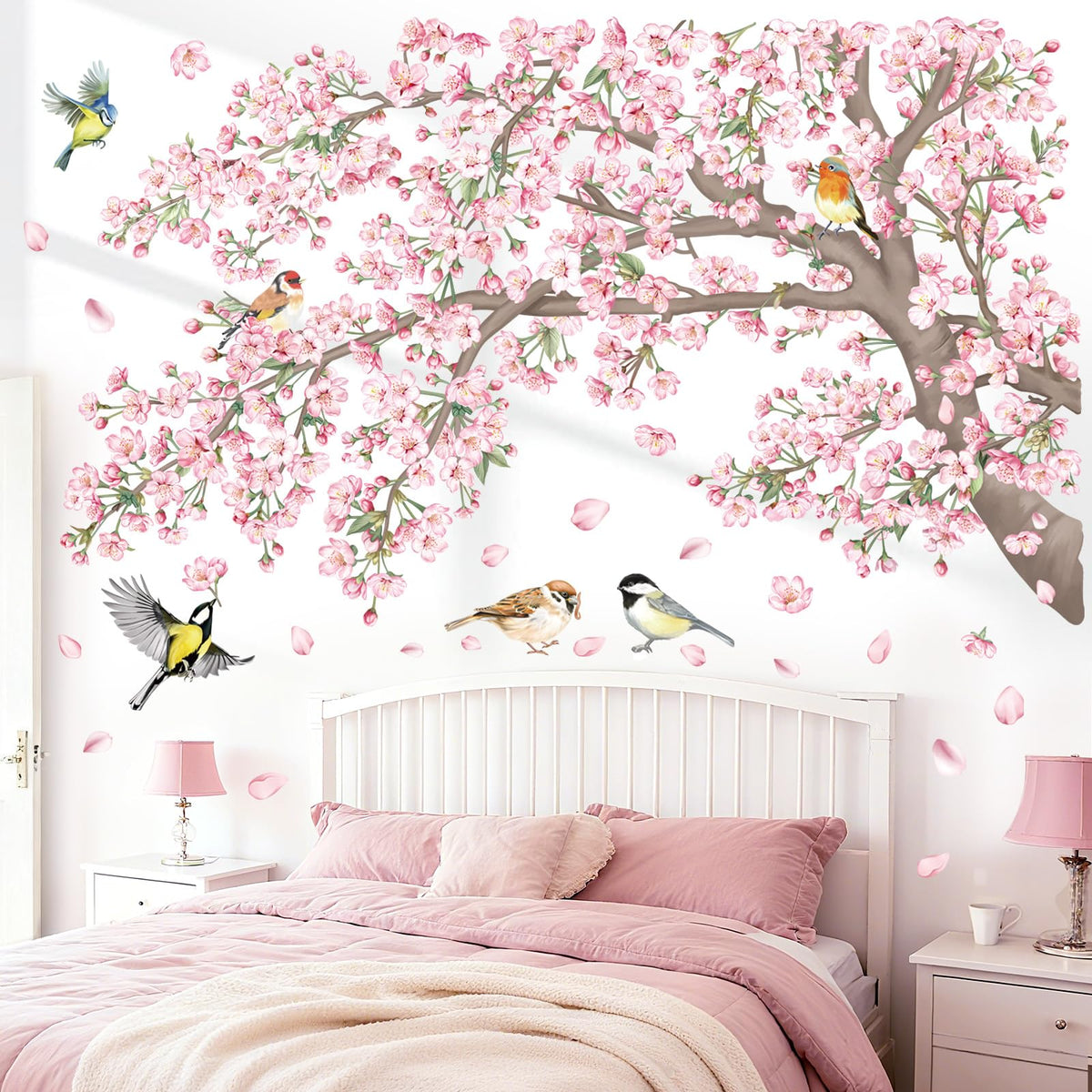 DecalMile cherry blossom tree branch wall sticker adds delicate pink florals to a nursery