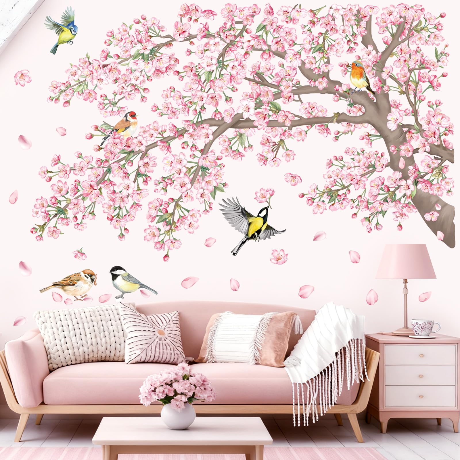 DecalMile cherry blossom tree branch wall sticker in a bright living space