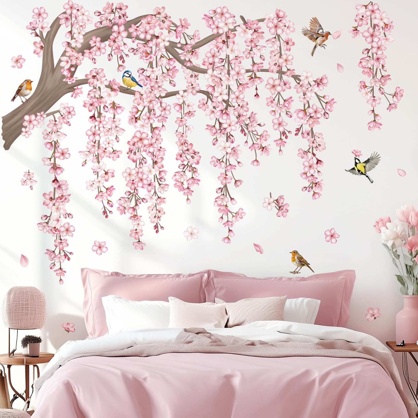 Decalmile cherry blossom tree wall sticker brings soft, nature-inspired charm to bedrooms.